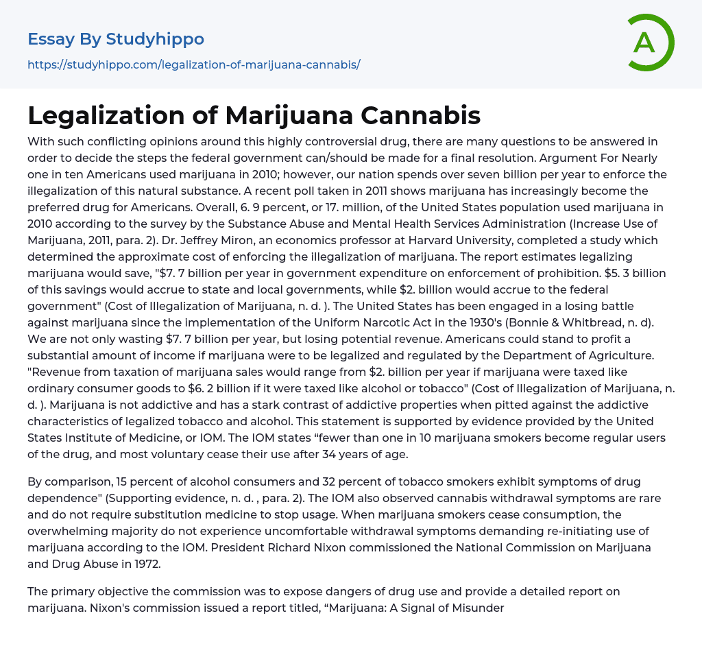 Legalization of Marijuana Cannabis Essay Example