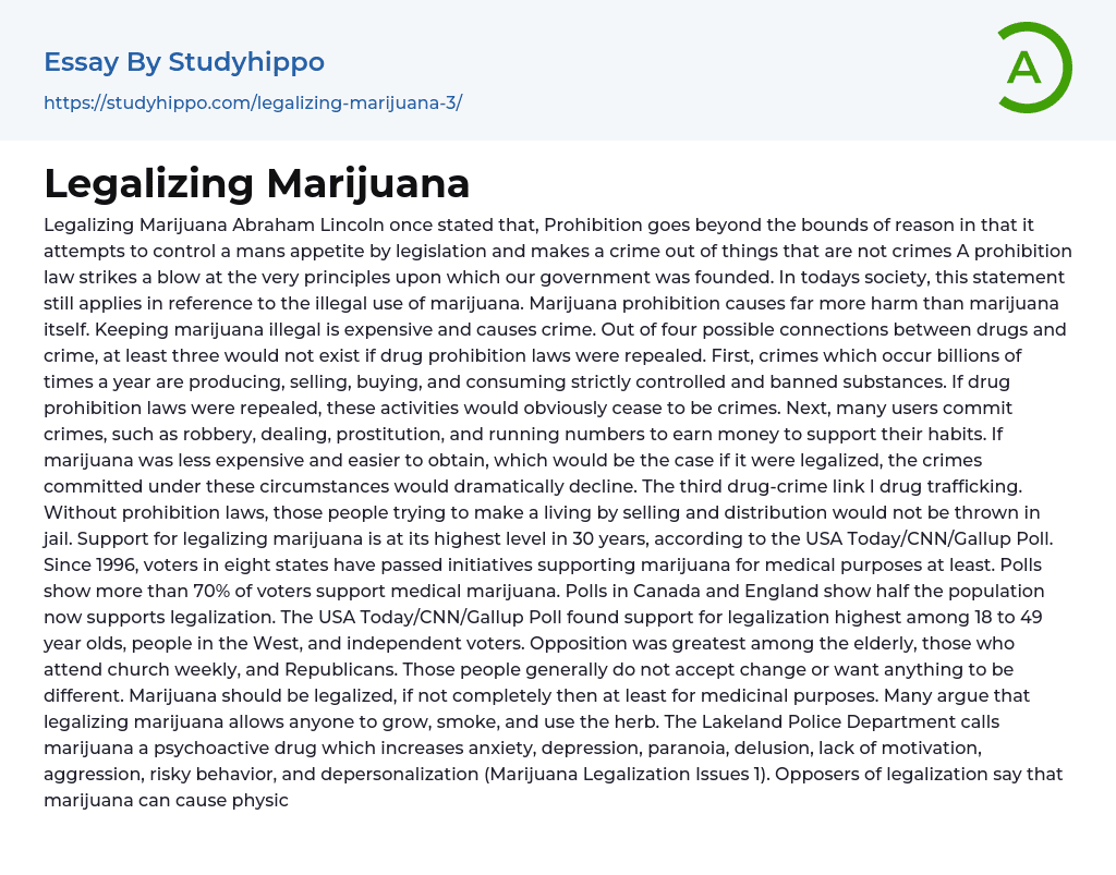 Legalizing Marijuana Essay Example