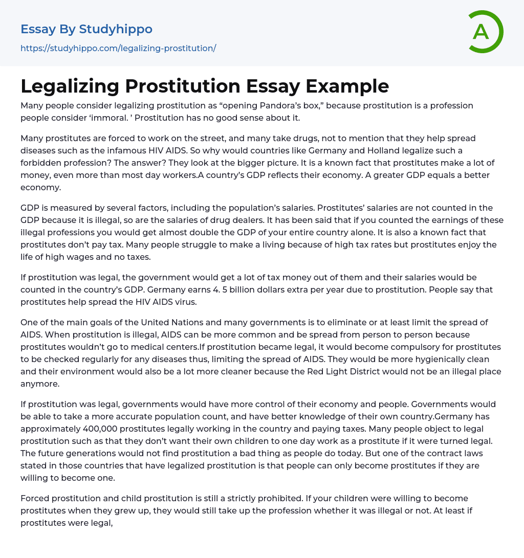 Legalizing Prostitution Essay Example