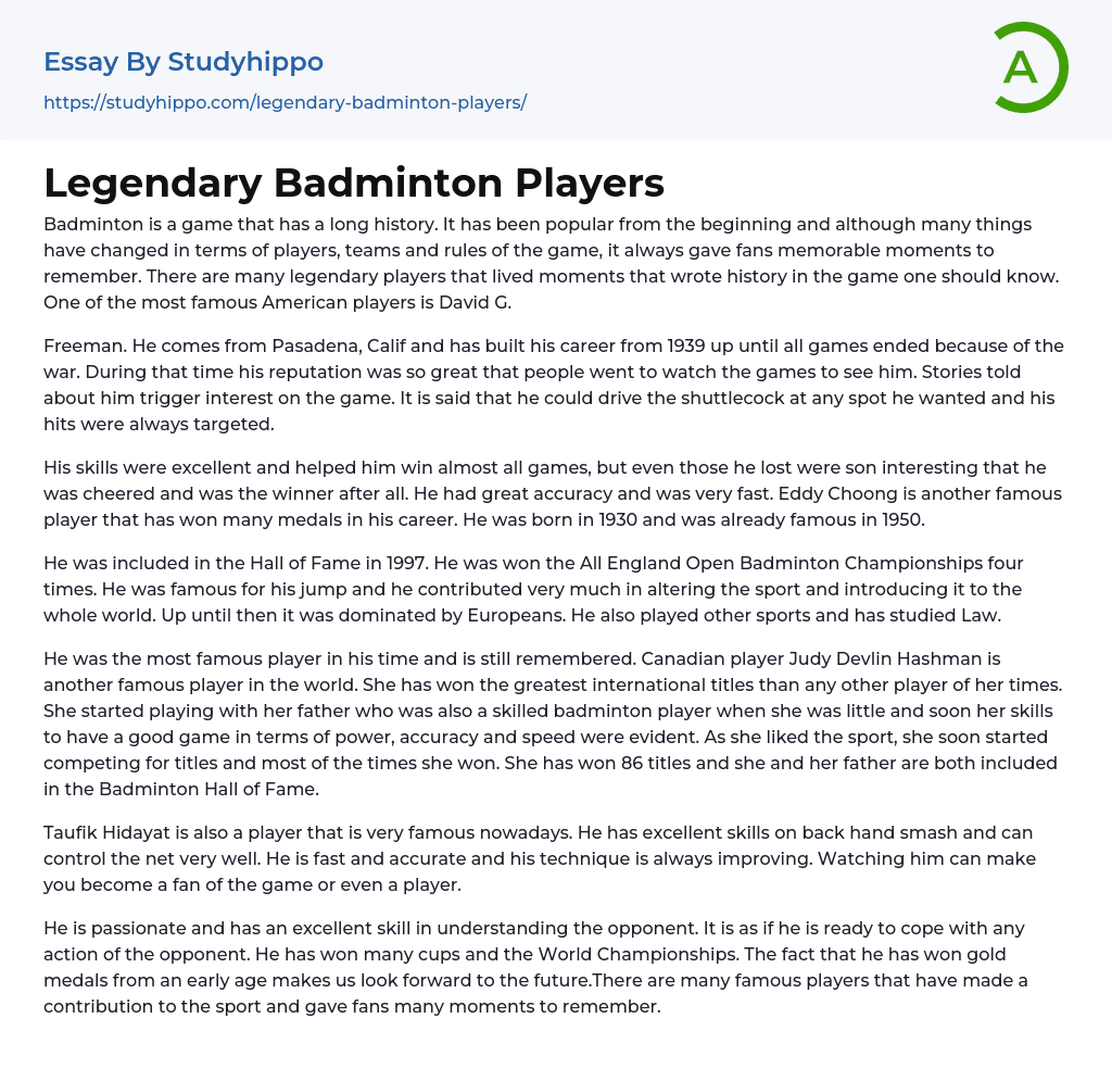 Legendary Badminton Players Essay Example