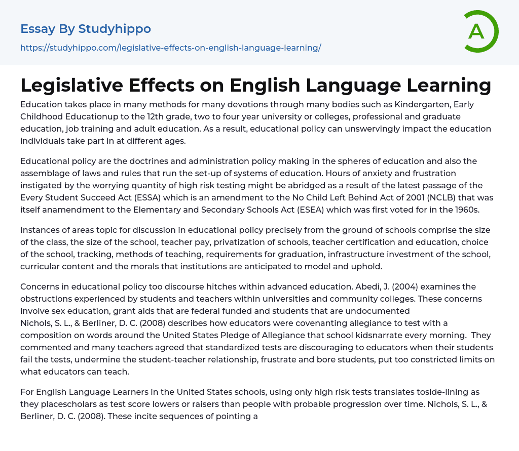 Legislative Effects on English Language Learning Essay Example
