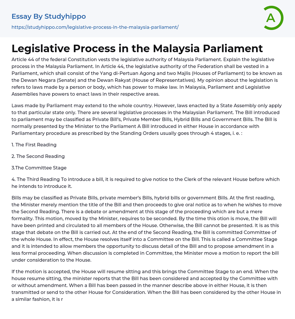 Legislative Process in the Malaysia Parliament Essay Example