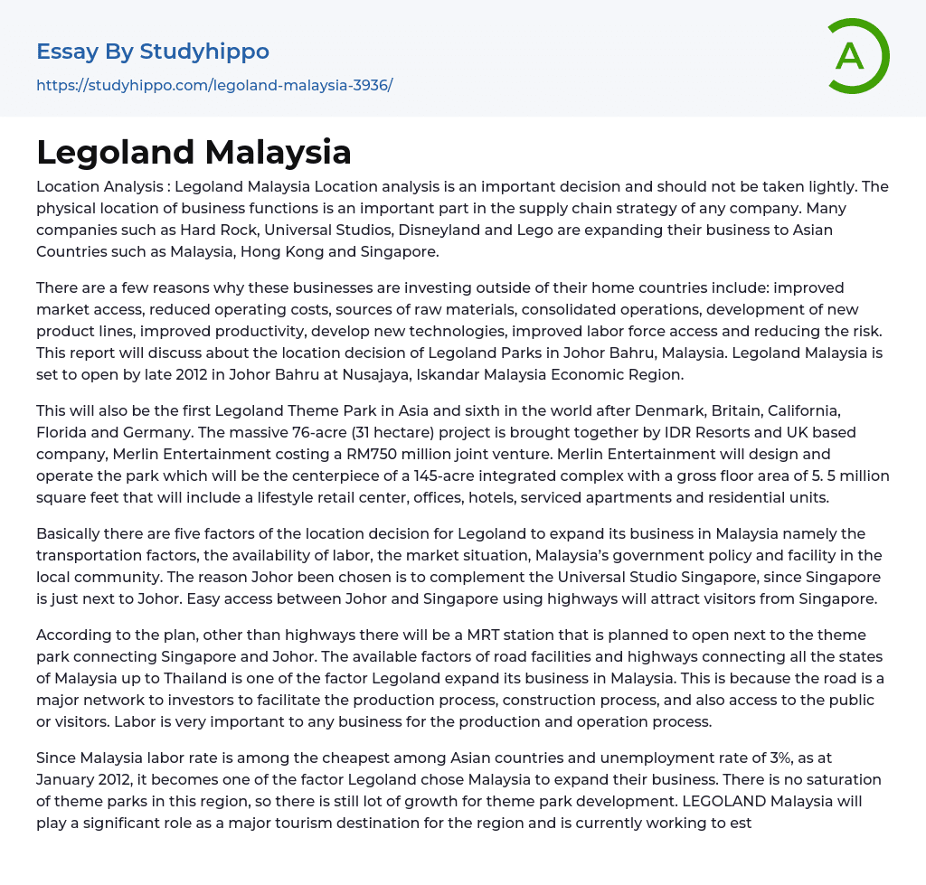 Legoland Malaysia Essay Example