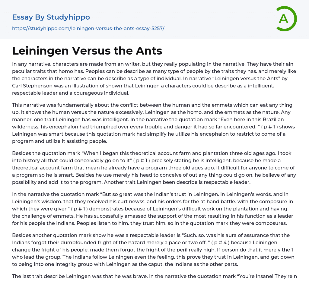 Leiningen Versus the Ants Essay Example