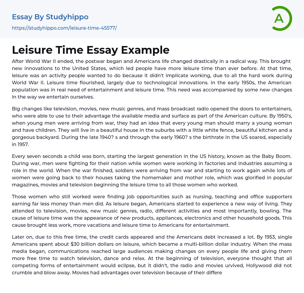 Leisure Time Essay Example StudyHippo