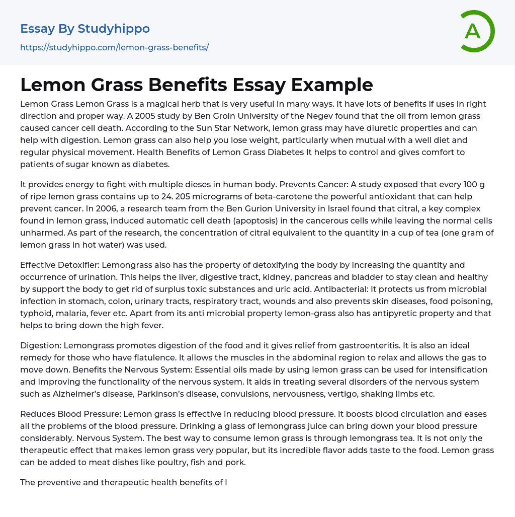 Lemon Grass Benefits Essay Example