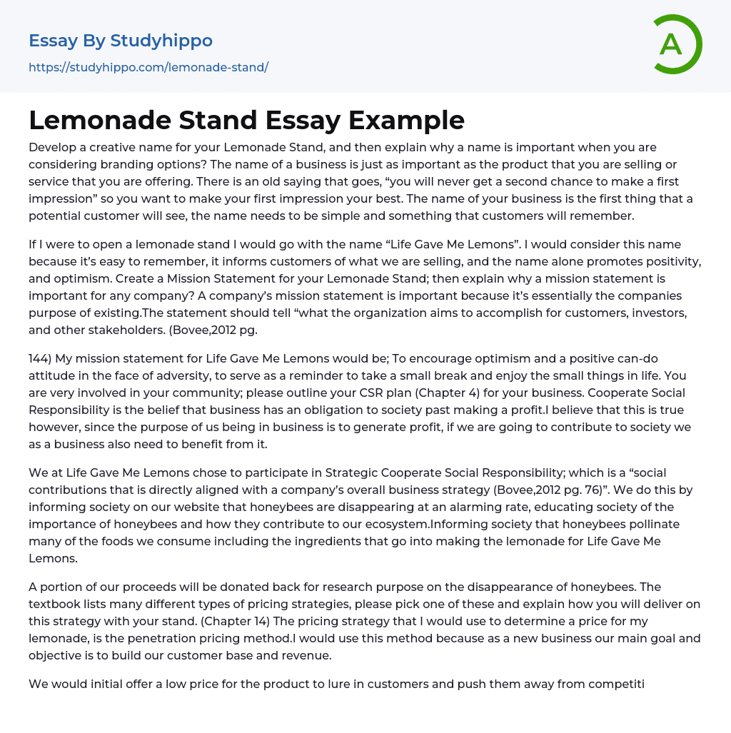 Lemonade Stand Essay Example