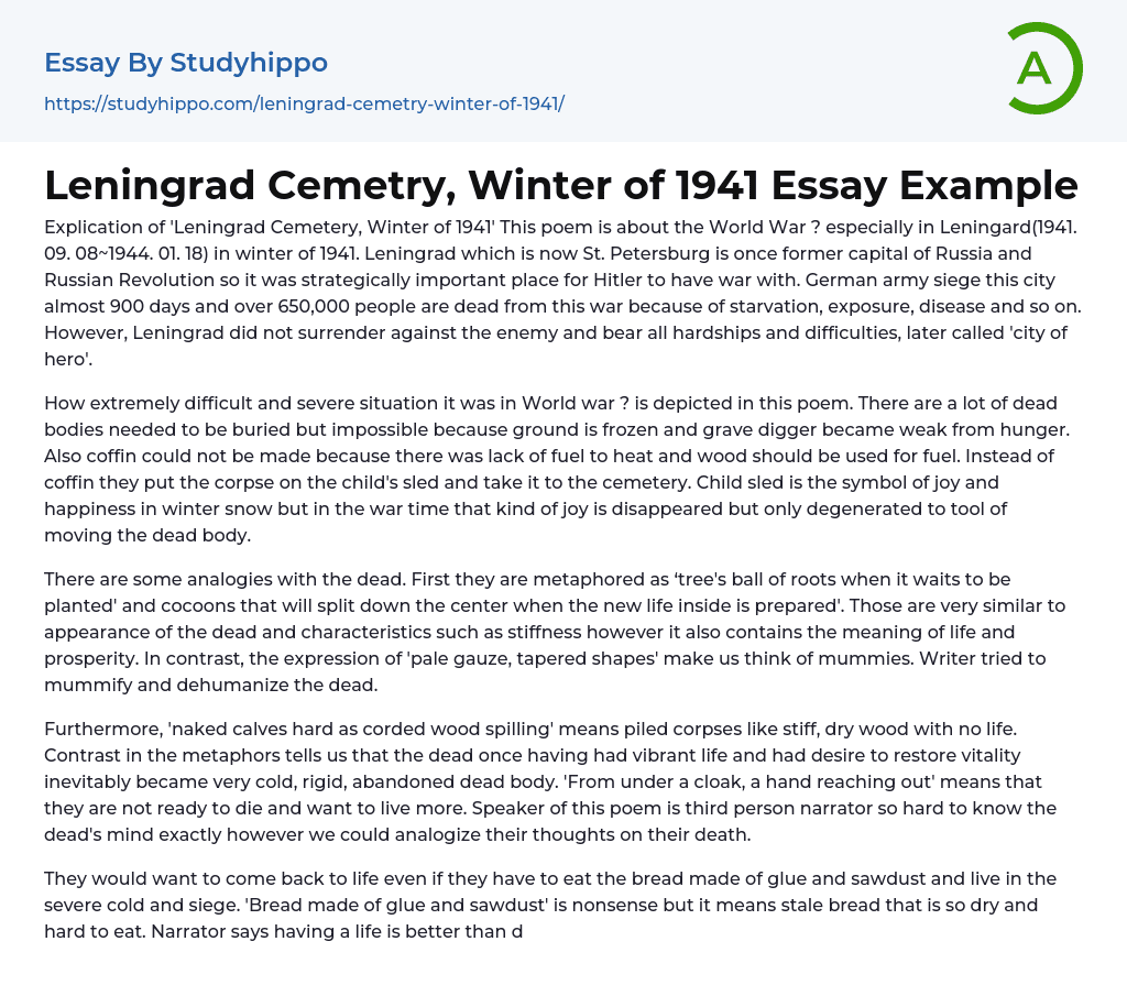 Leningrad Cemetry, Winter of 1941 Essay Example