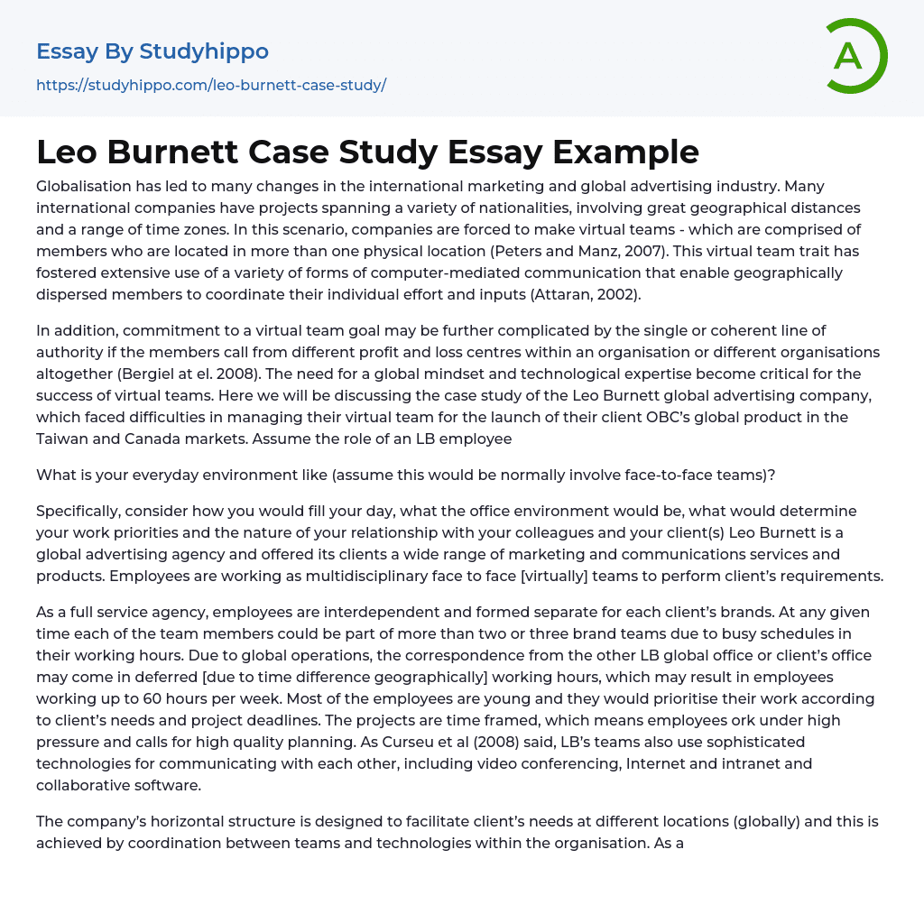 Leo Burnett Case Study Essay Example