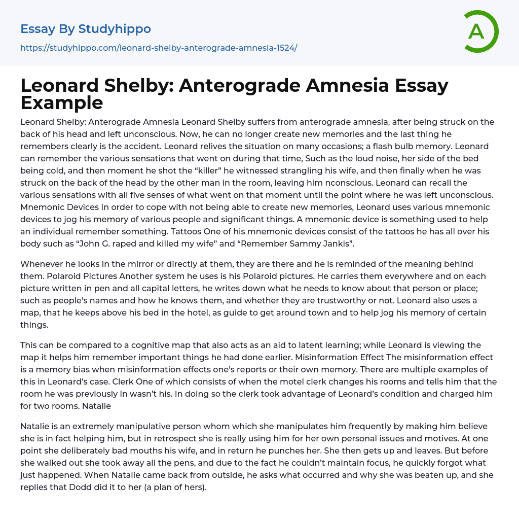 Leonard Shelby: Anterograde Amnesia Essay Example