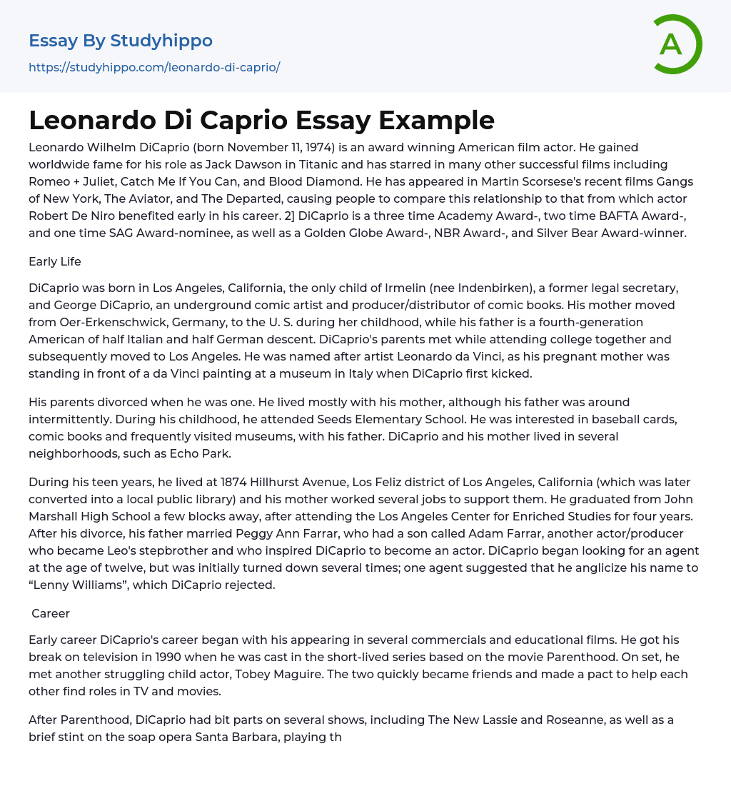 Leonardo Di Caprio Essay Example