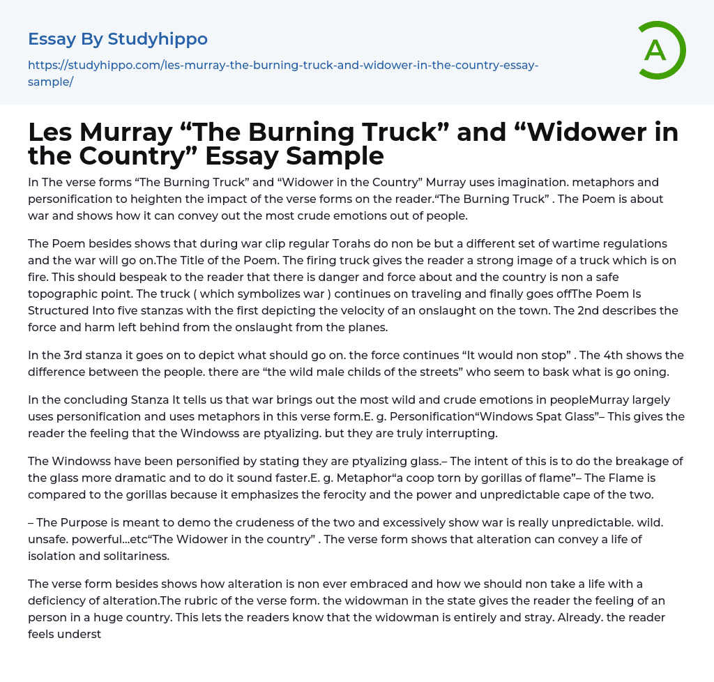 Les Murray “The Burning Truck” and “Widower in the Country” Essay Sample