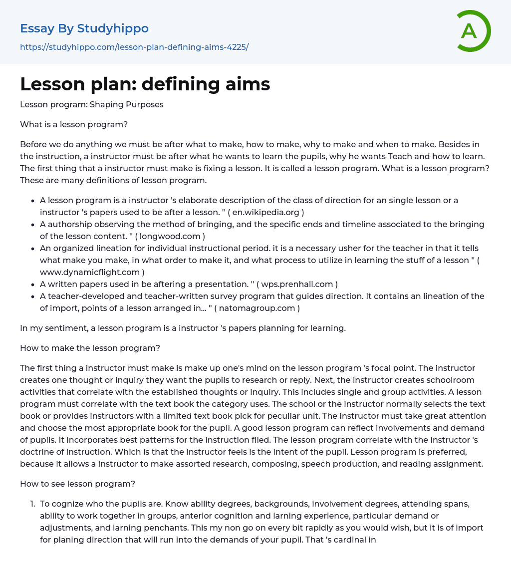 Lesson plan: defining aims Essay Example