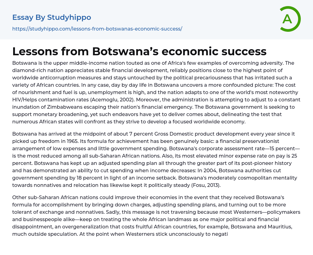 Lessons from Botswana’s economic success Essay Example