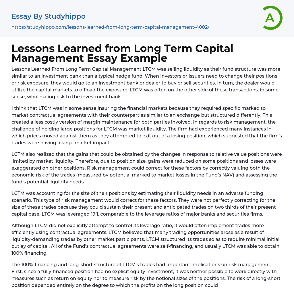 Lessons Learned from Long Term Capital Management Essay Example