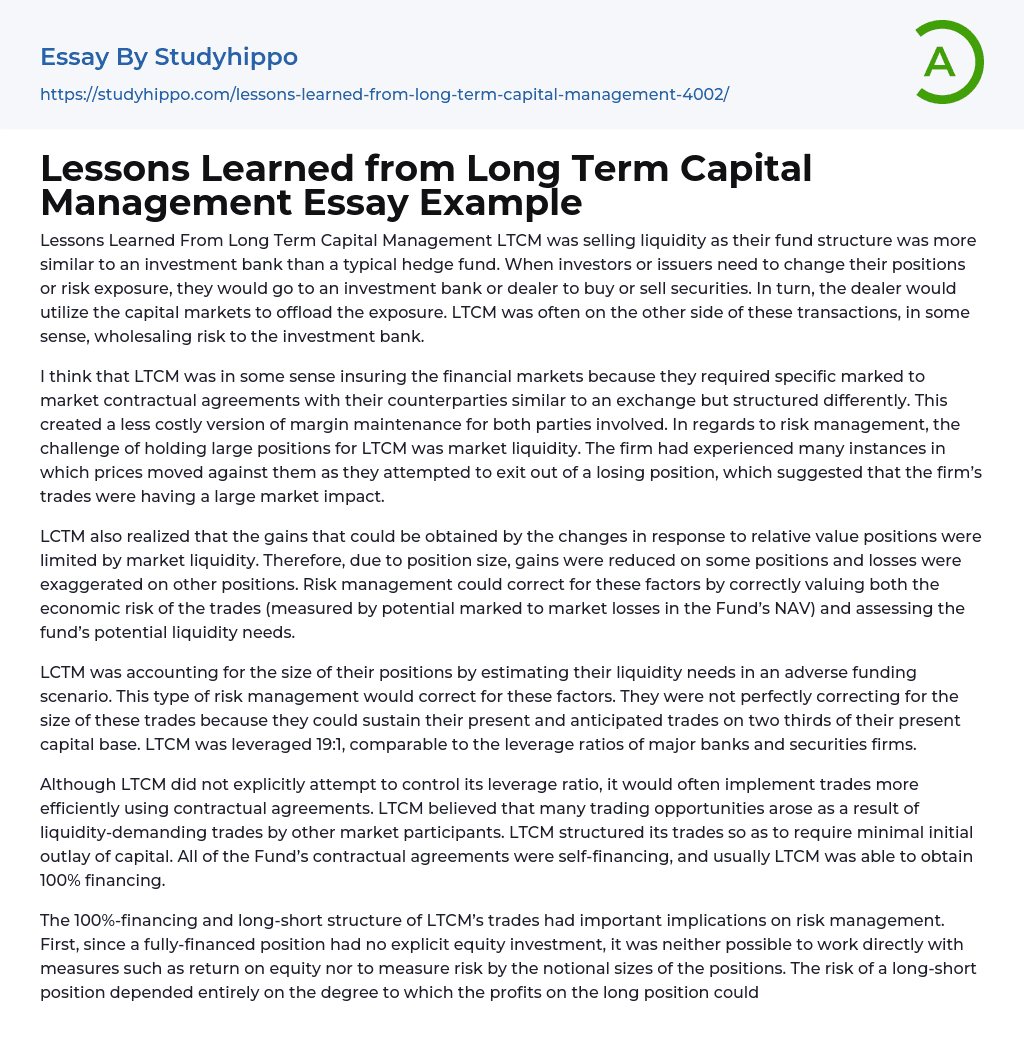 Lessons Learned From Long Term Capital Management Essay Example 