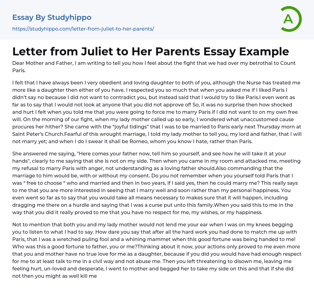 Letter from Juliet to Her Parents Essay Example