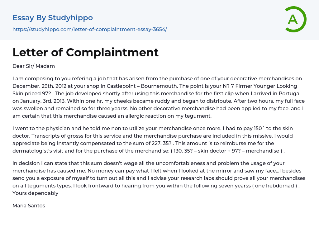 Letter of Complaintment Essay Example