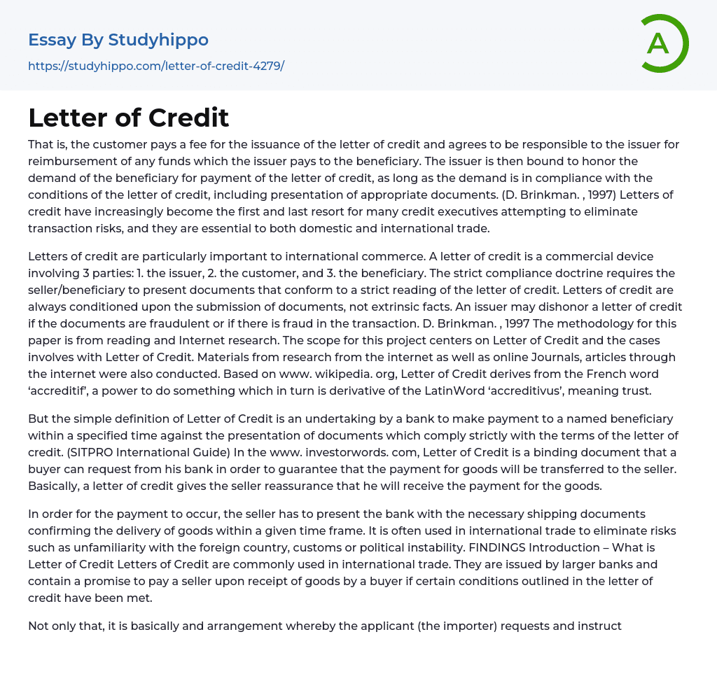 Letter of Credit Essay Example