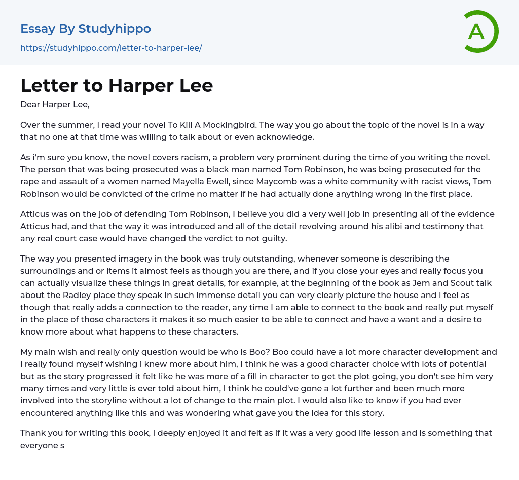 Letter to Harper Lee Essay Example