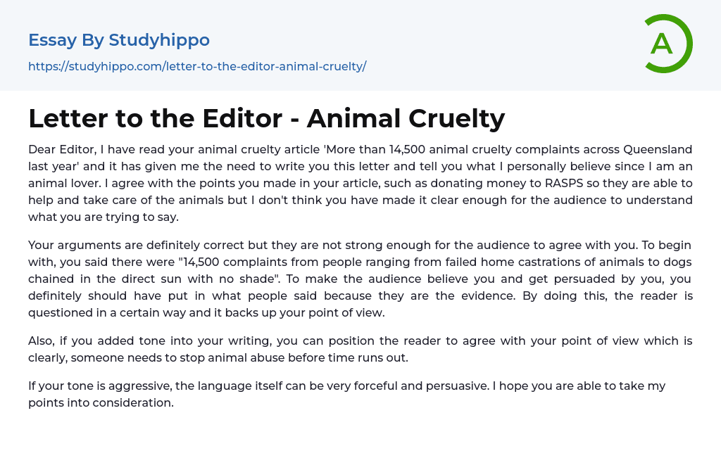Letter to the Editor – Animal Cruelty Essay Example