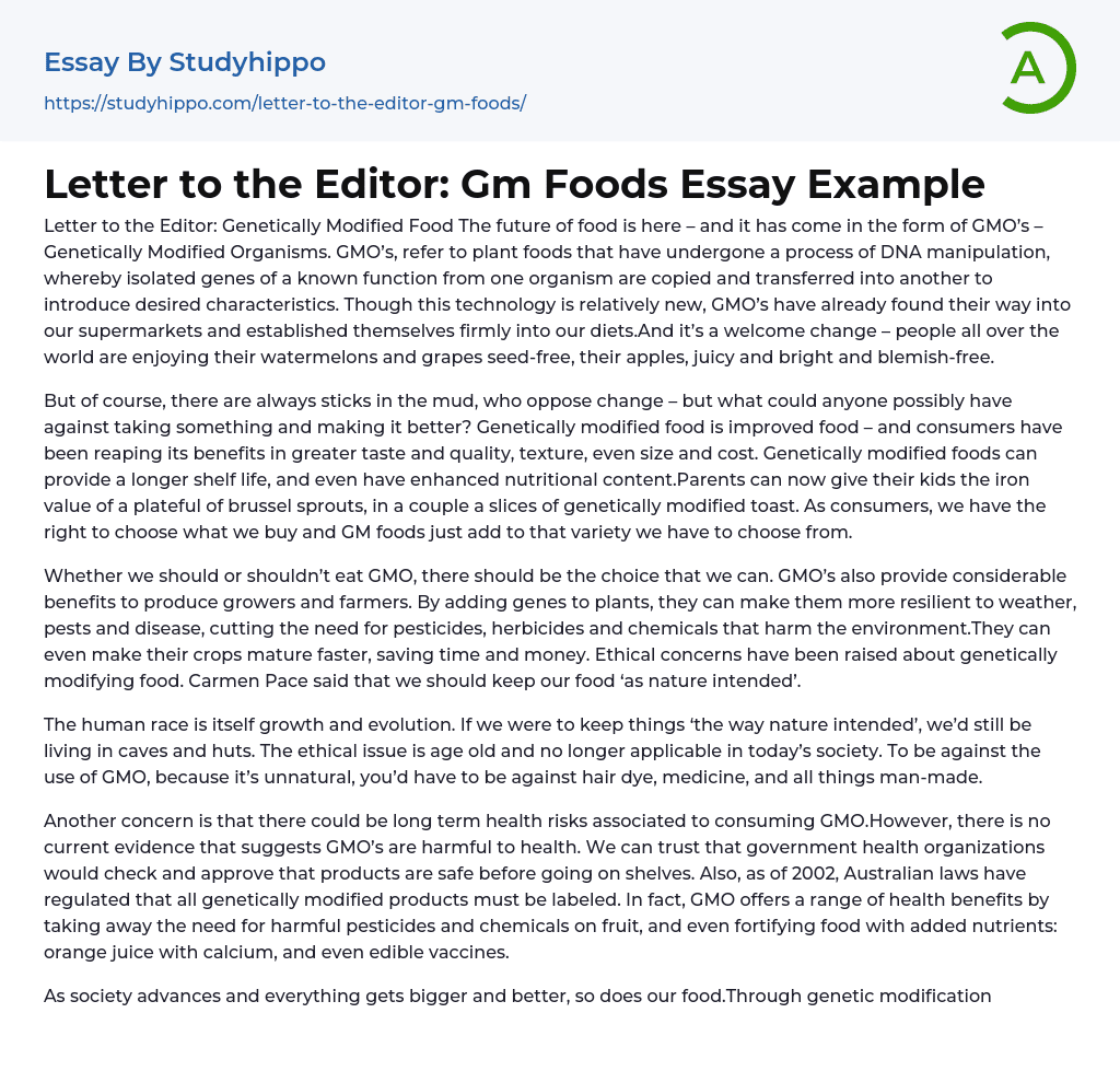 Letter to the Editor: Gm Foods Essay Example