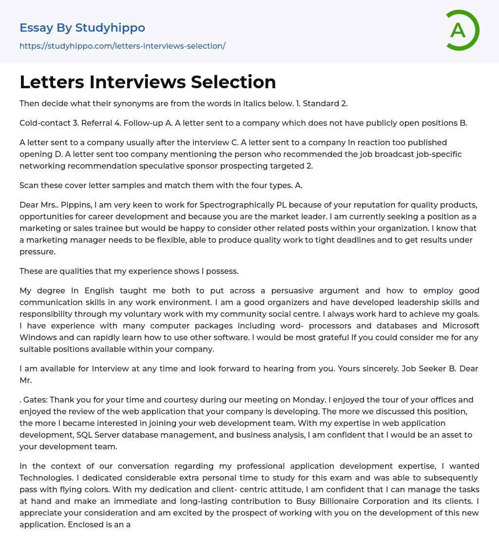 Letters Interviews Selection Essay Example