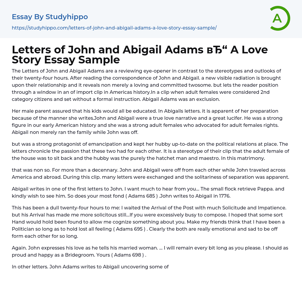 Letters of John and Abigail Adams A Love Story Essay Sample