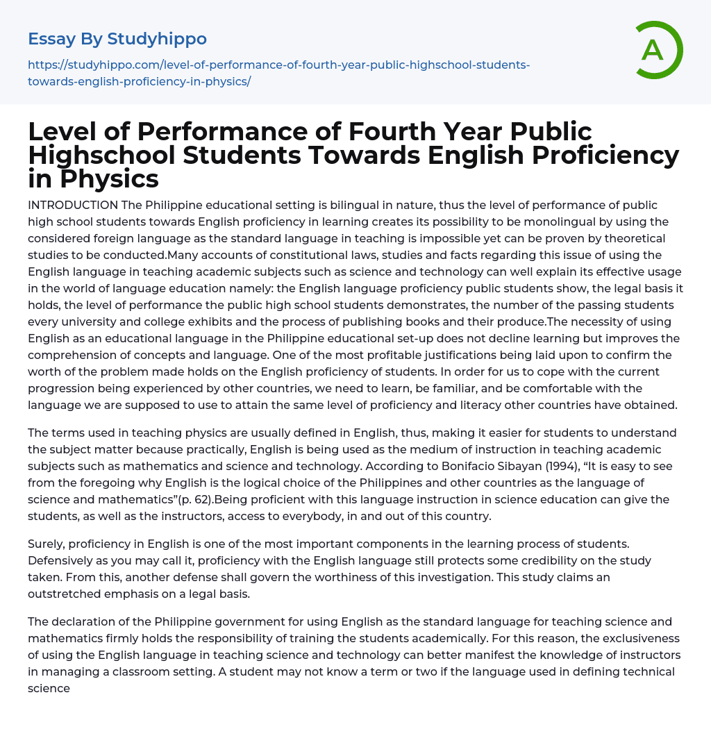 English Proficiency in Philippine Educational Setting: A Theoretical Study.
