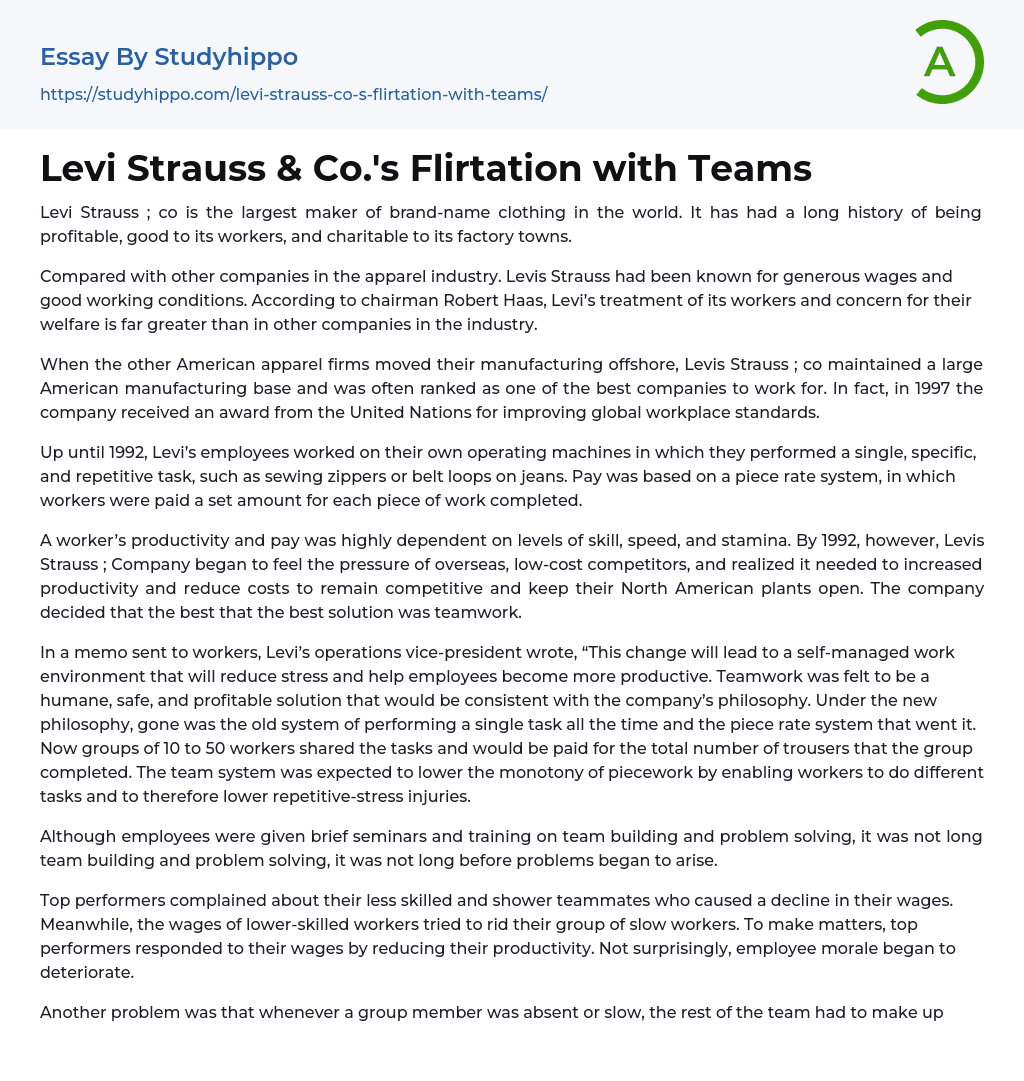 Levi Strauss & Co.’s Flirtation with Teams Essay Example