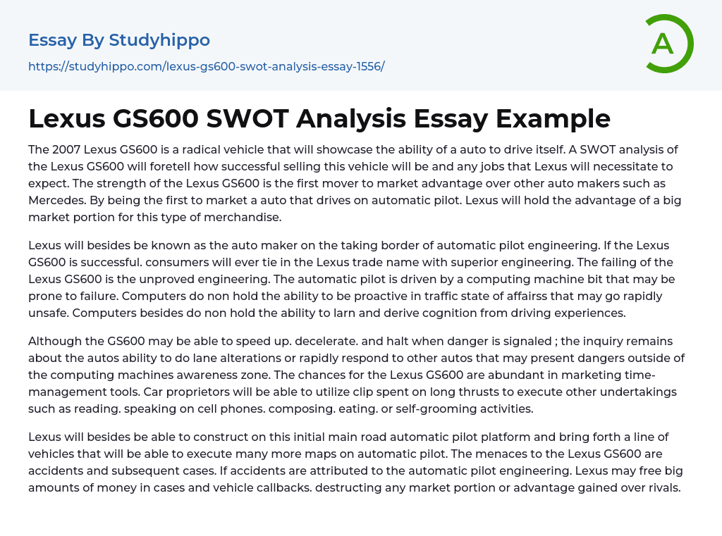Lexus GS600 SWOT Analysis Essay Example