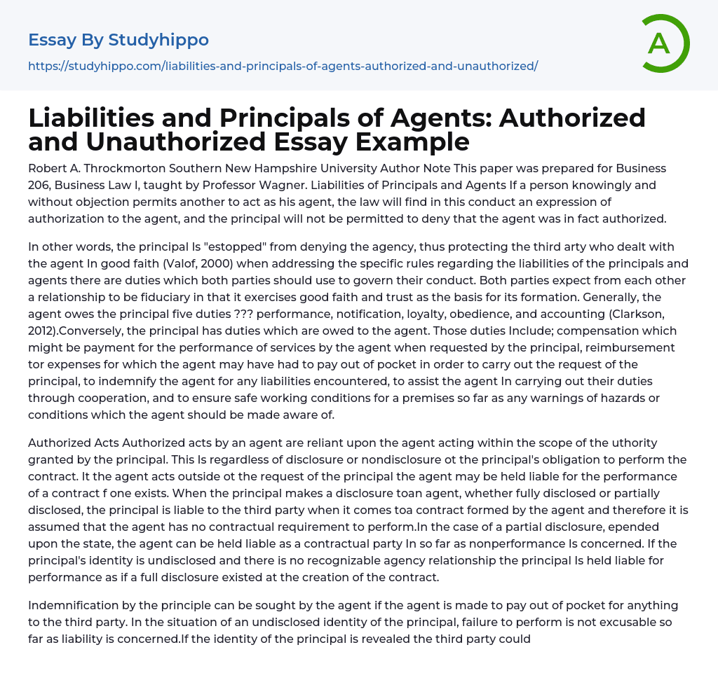 Liabilities and Principals of Agents: Authorized and Unauthorized Essay Example