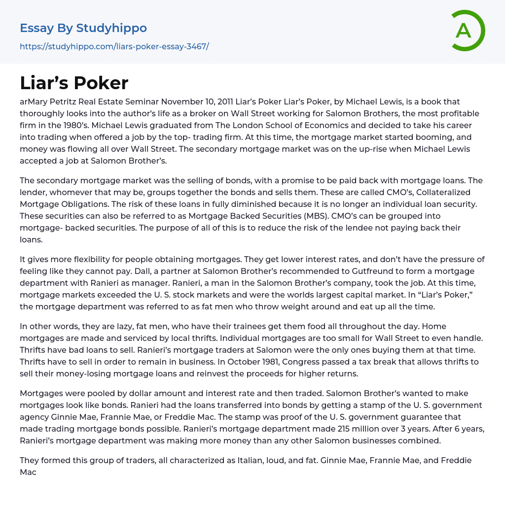 Liar’s Poker Essay Example