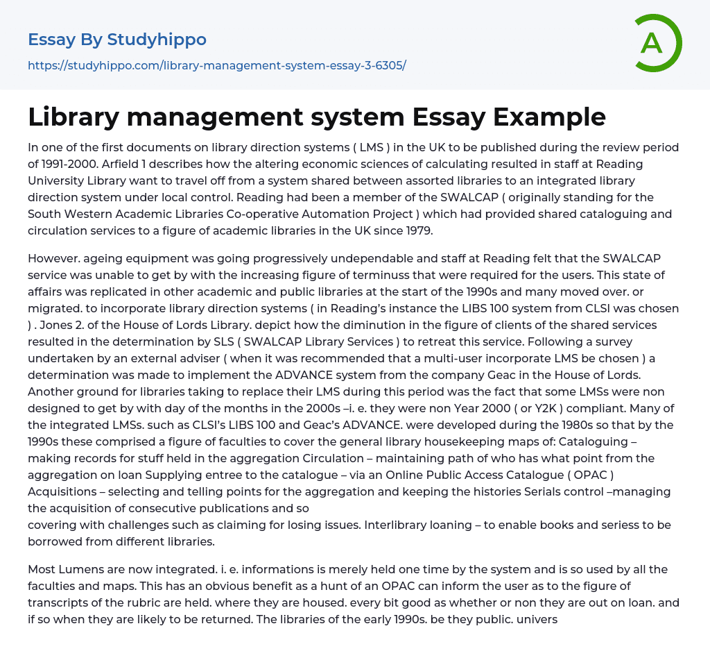 Library management system Essay Example