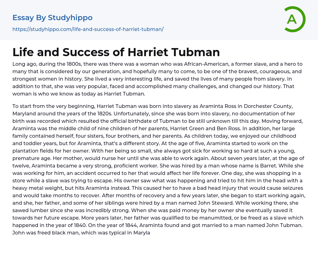 Life and Success of Harriet Tubman Essay Example