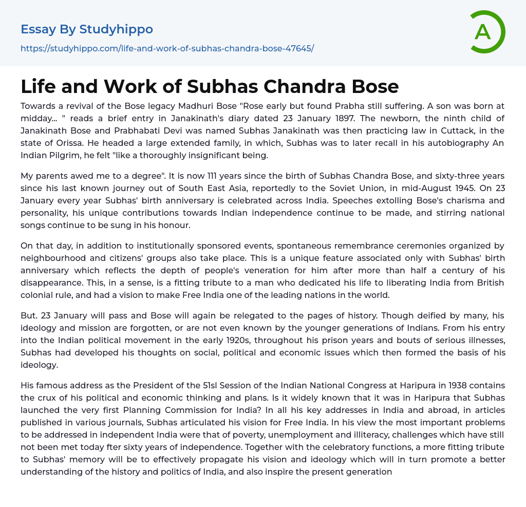 Life and Work of Subhas Chandra Bose Essay Example | StudyHippo.com