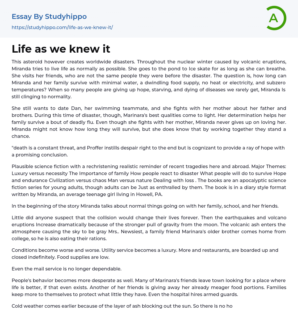 Life as we knew it Essay Example