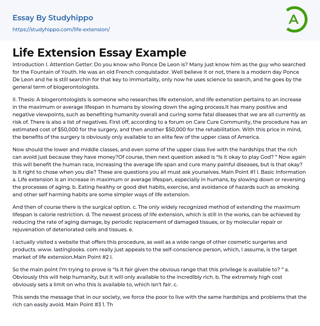 Life Extension Essay Example