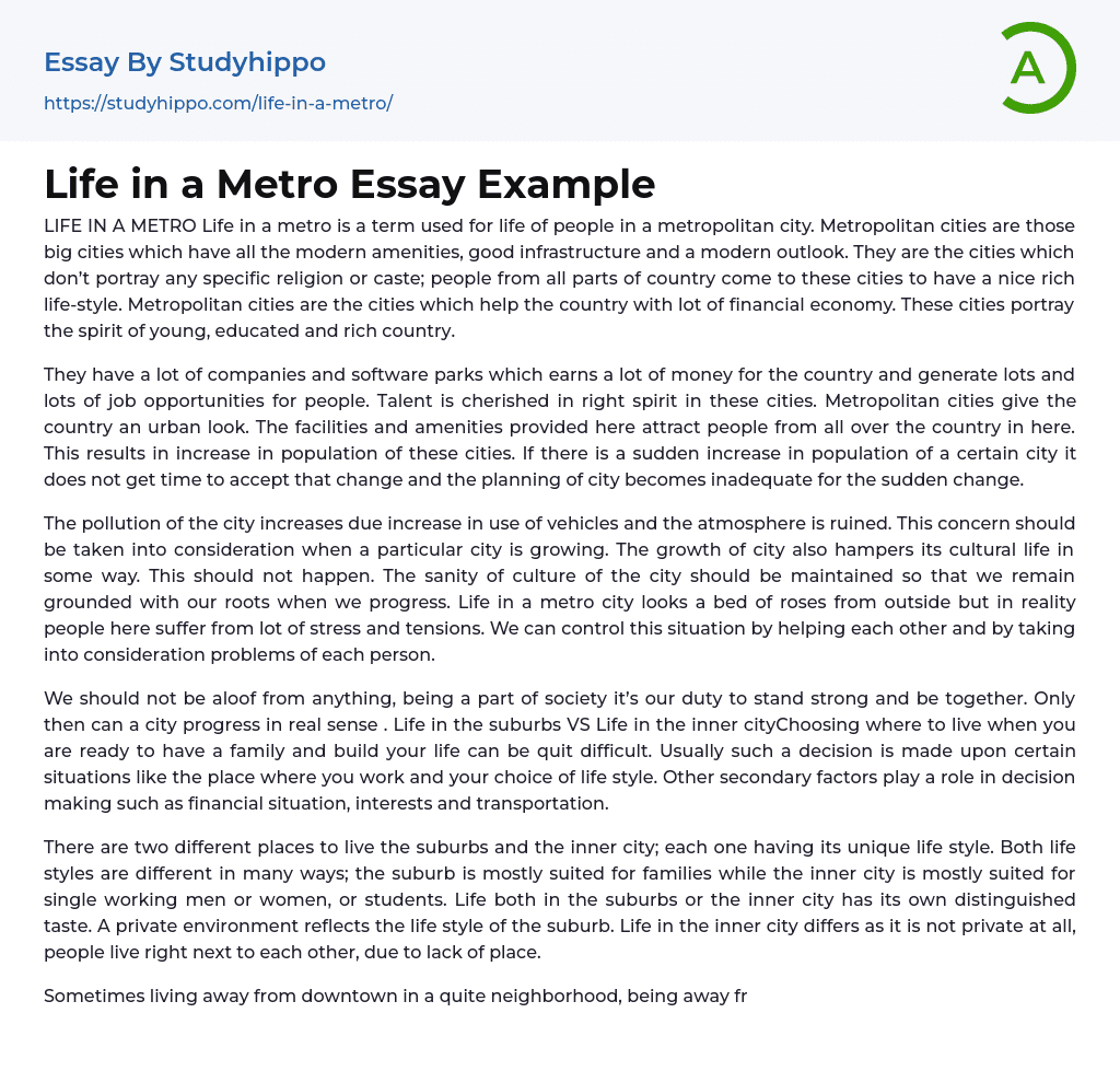 Life in a Metro Essay Example