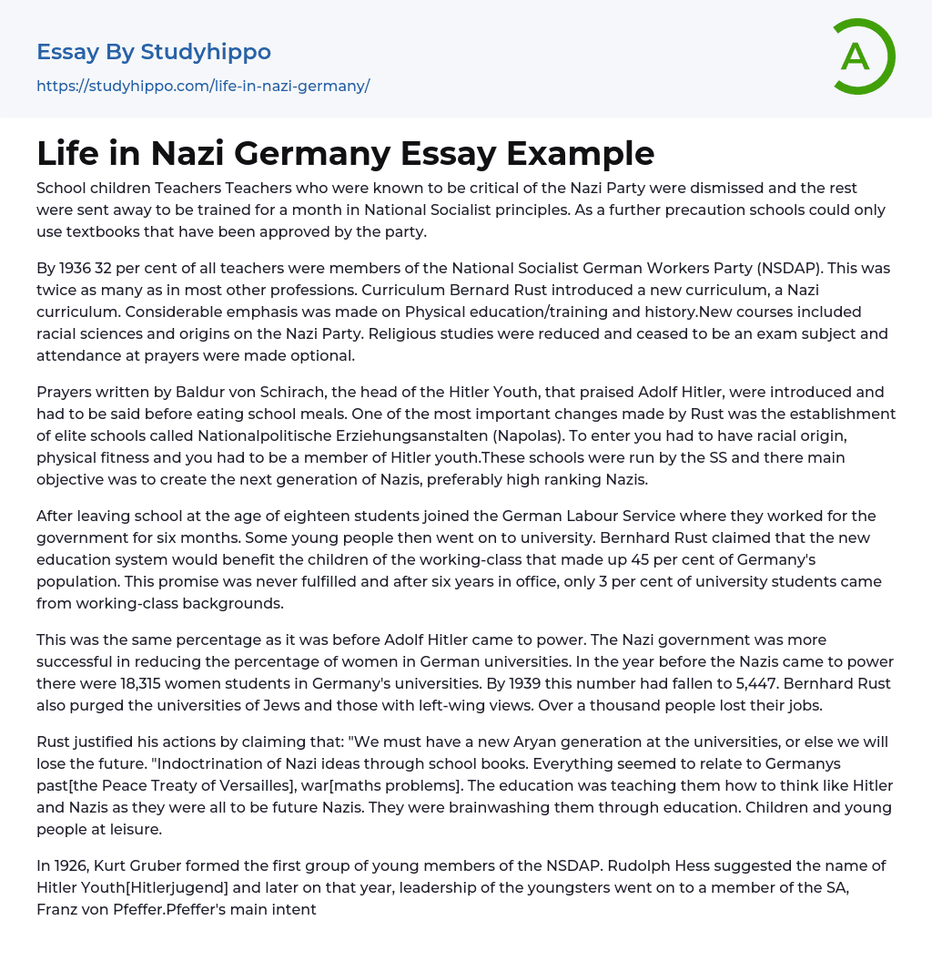 Life in Nazi Germany Essay Example