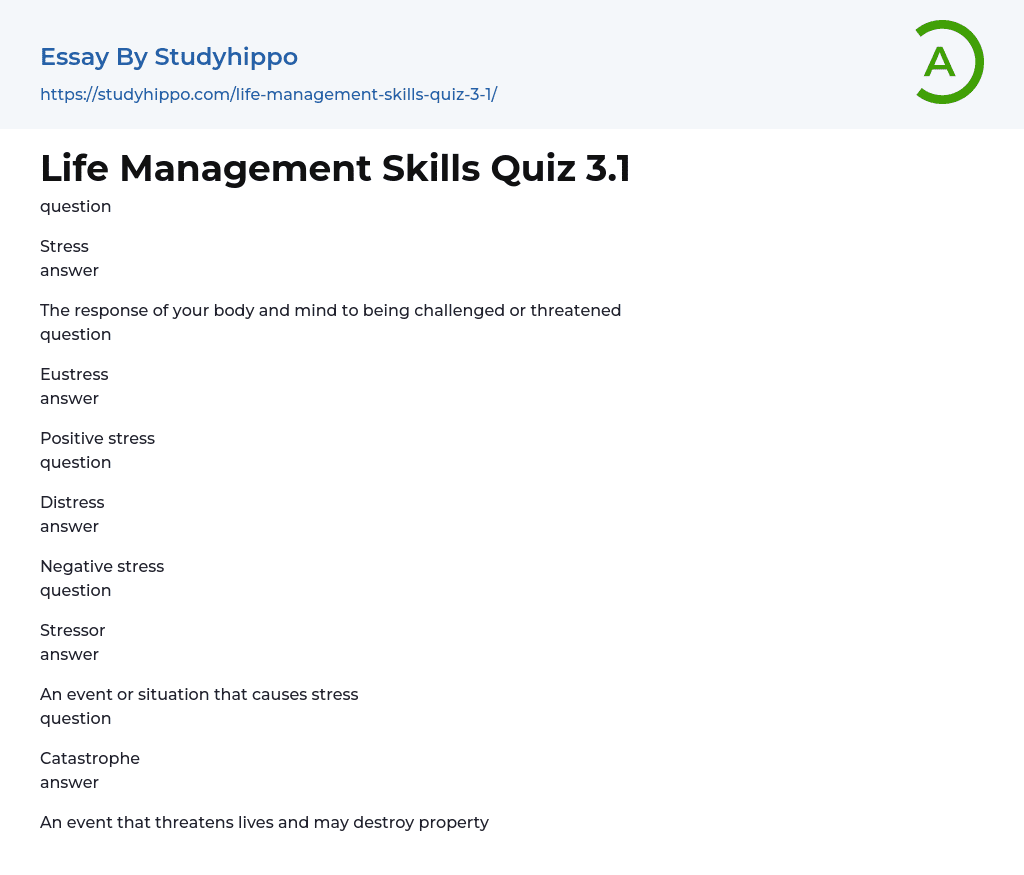 Life Management Skills Quiz 3.1 Essay Example