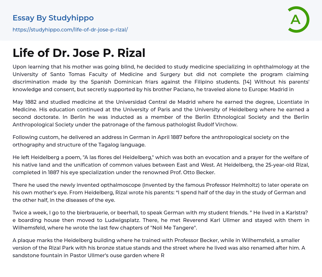Life of Dr. Jose P. Rizal Essay Example