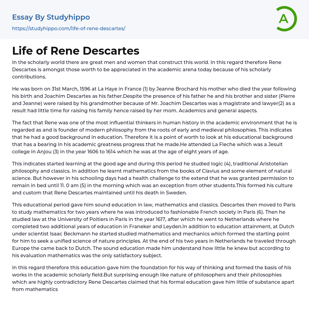 Life of Rene Descartes Essay Example