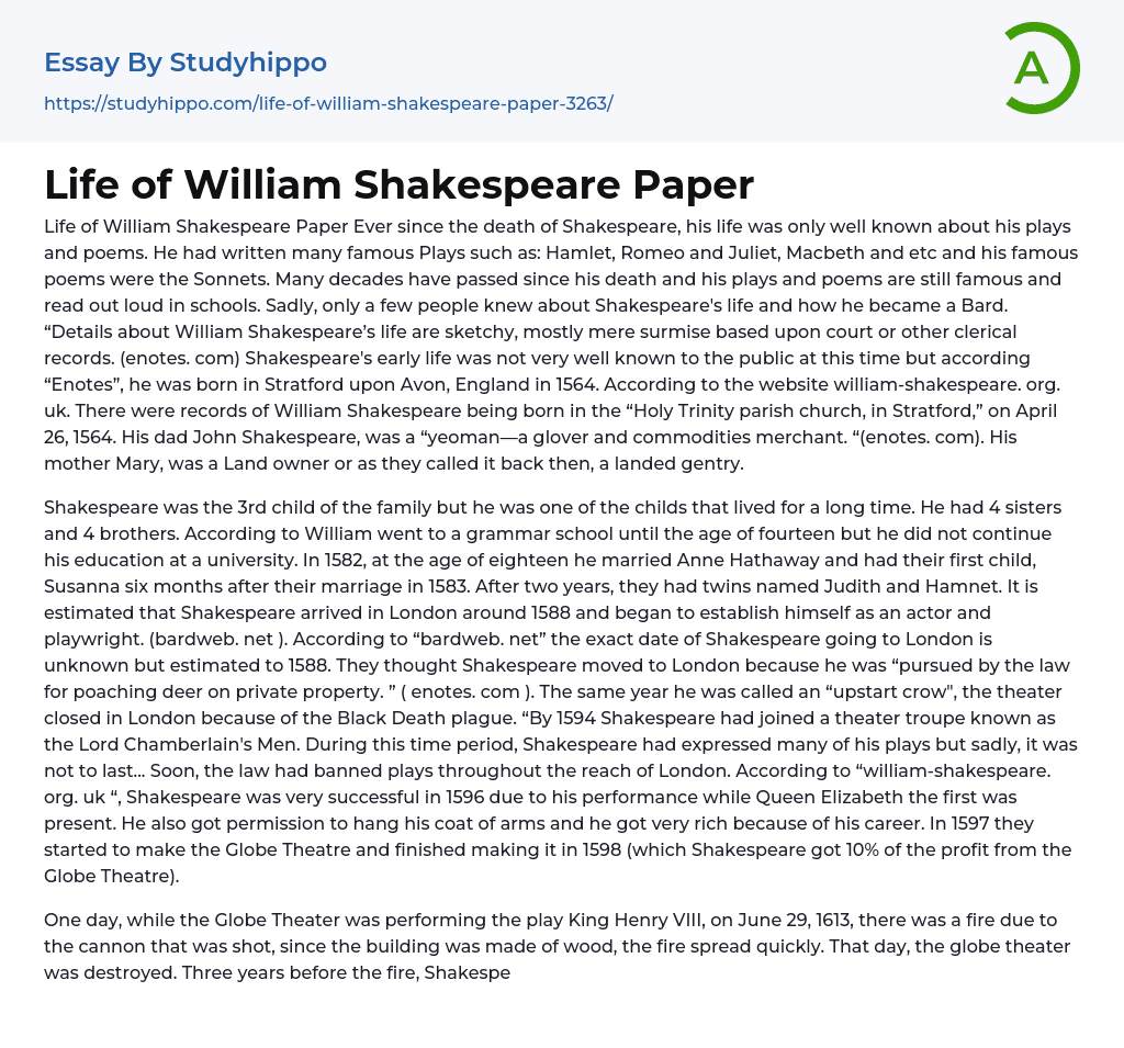 Life of William Shakespeare Paper Essay Example