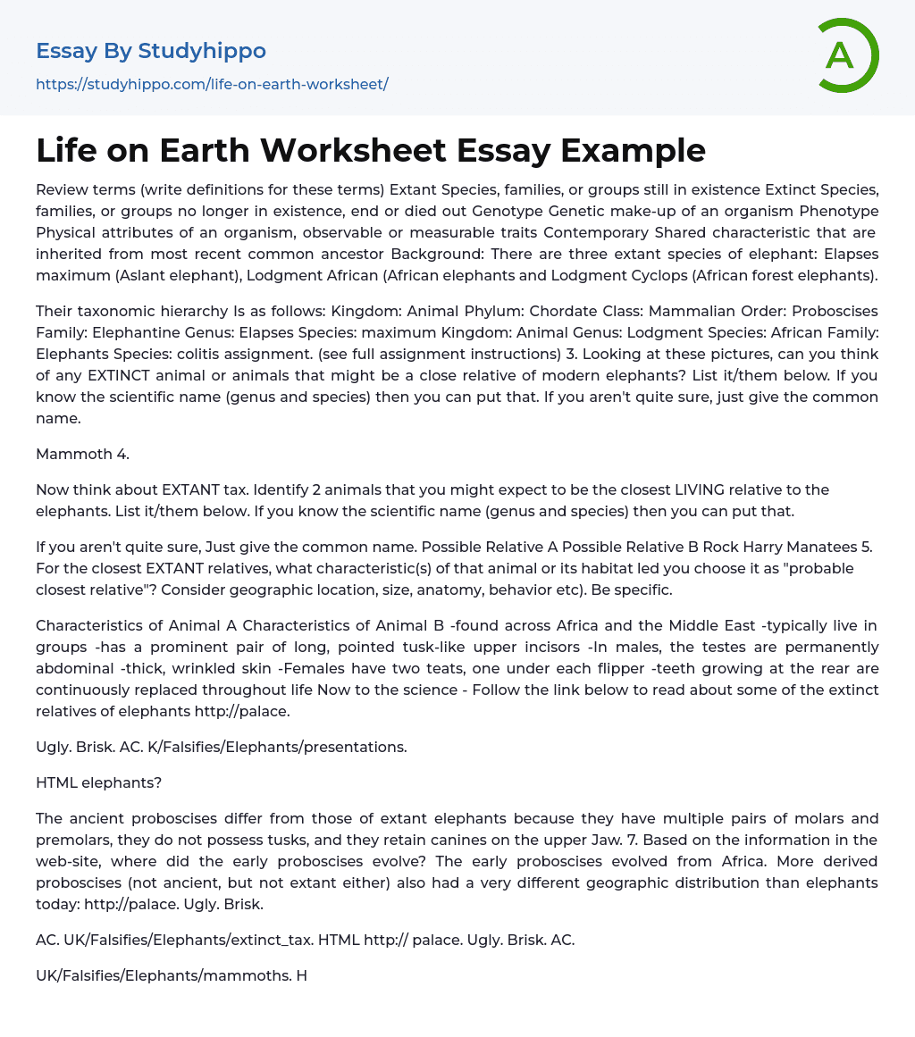 Life on Earth Worksheet Essay Example