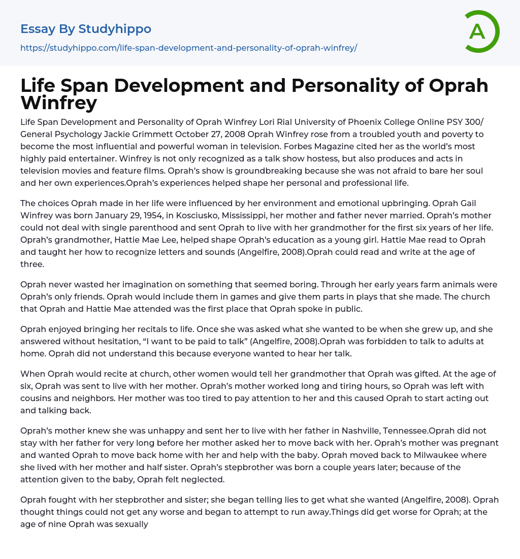 Life Span Development and Personality of Oprah Winfrey Essay Example
