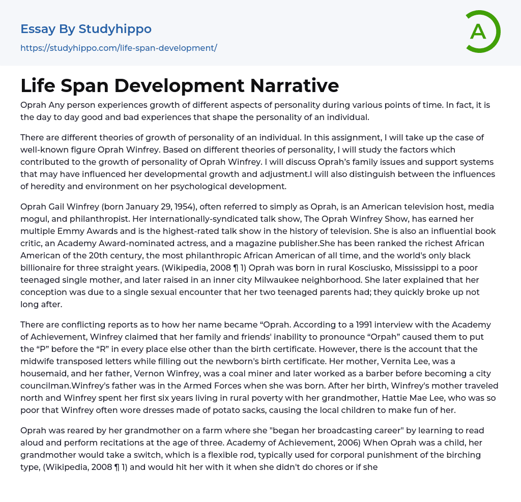 Life Span Development Narrative Essay Example