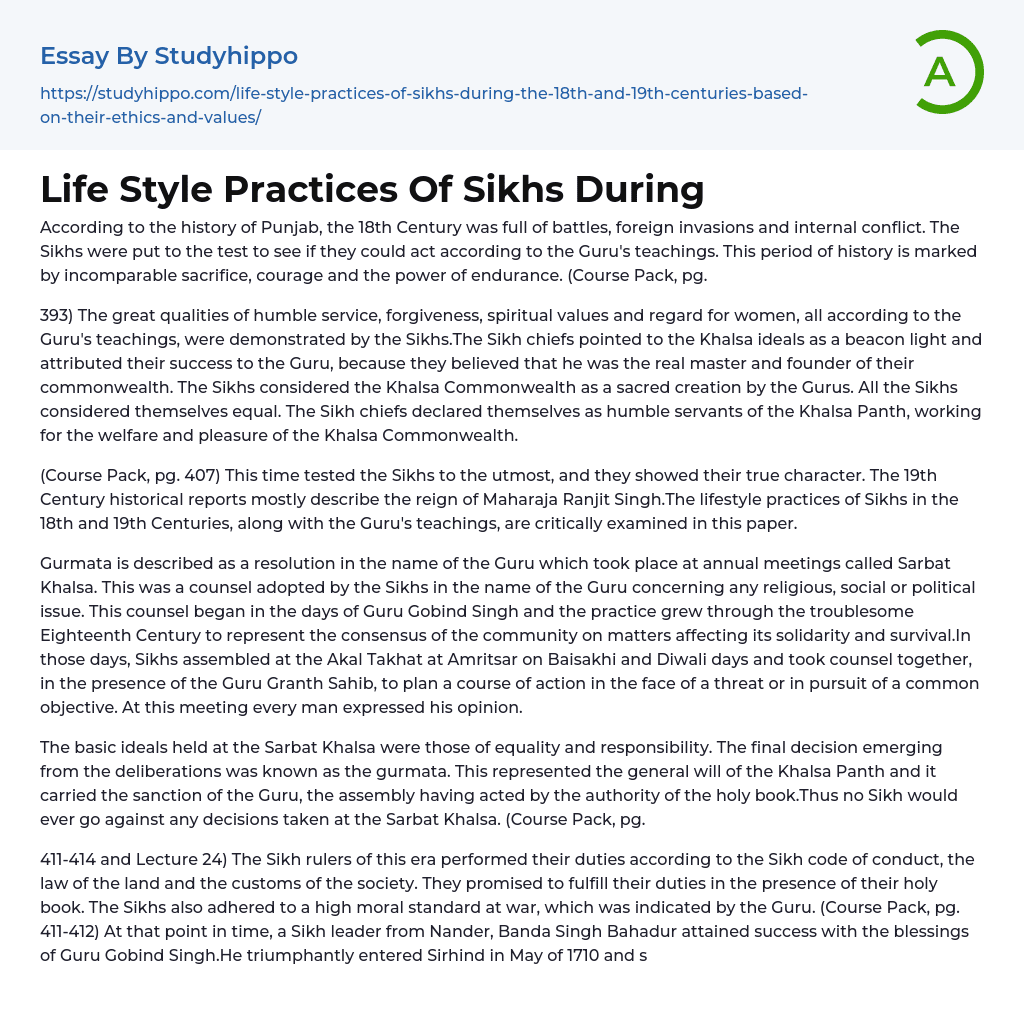 Life Style Practices Of Sikhs During Essay Example