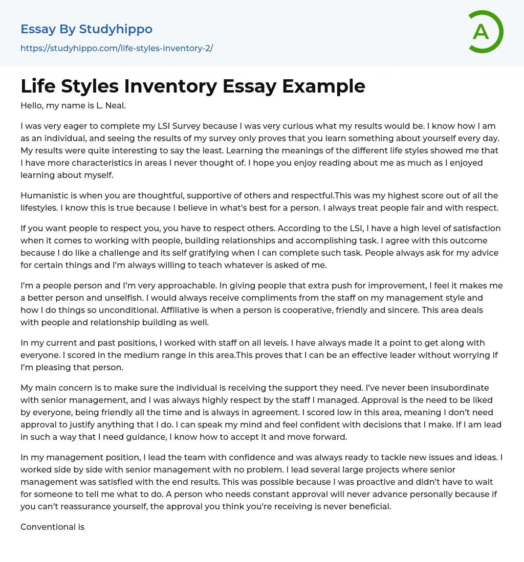 Life Styles Inventory Essay Example