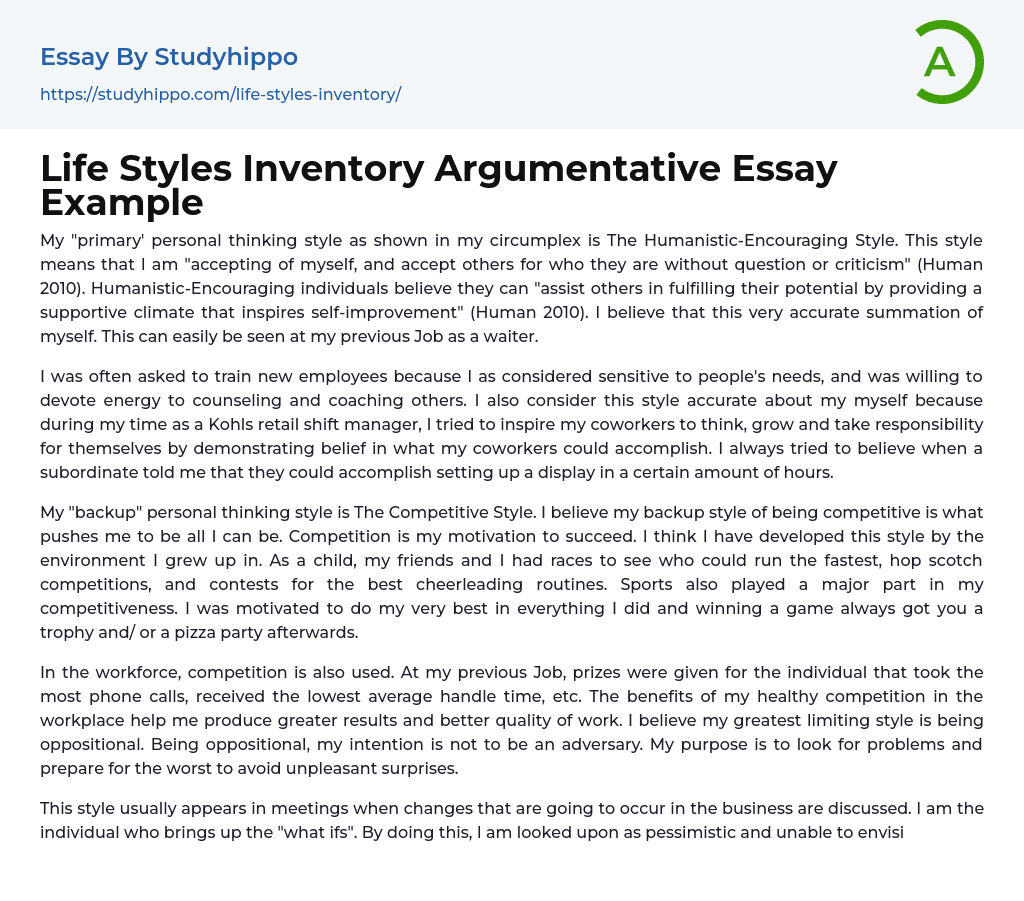 Life Styles Inventory Argumentative Essay Example